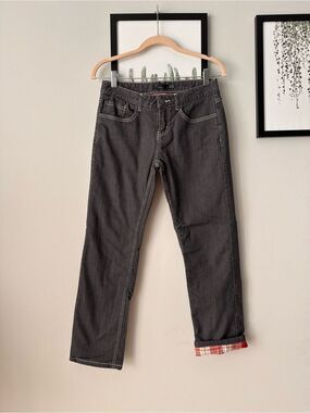 PrAna Boyfriend Jeans Charcoal Gray Lined Red Plaid Flannel  Size 2